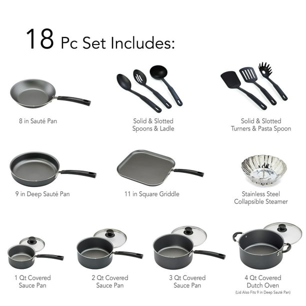 Primaware 18 Piece Non-Stick Cookware Set, Steel Gray