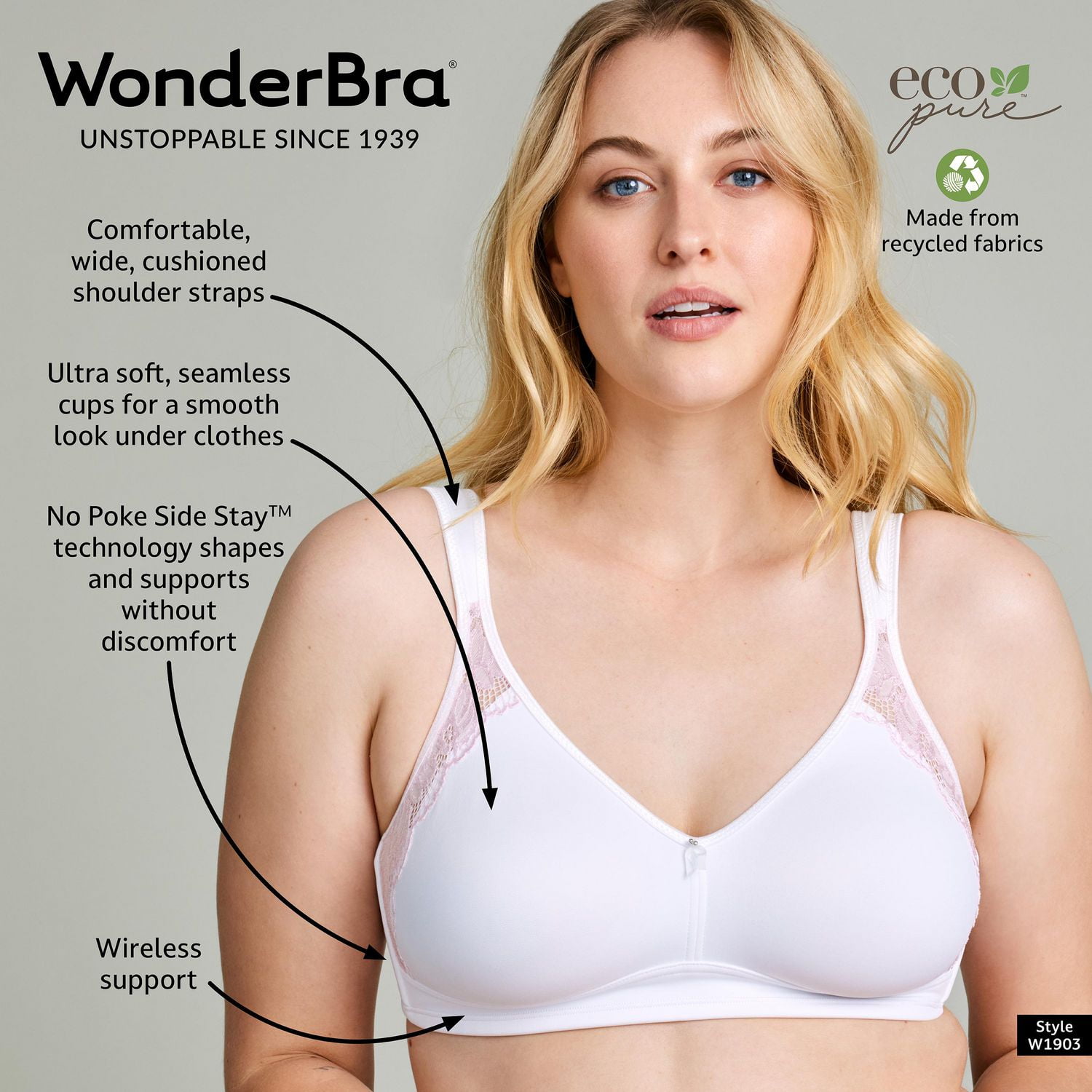 WonderBra Plus Style No Poke Side Stay Wireless Bra, C42 -DD46