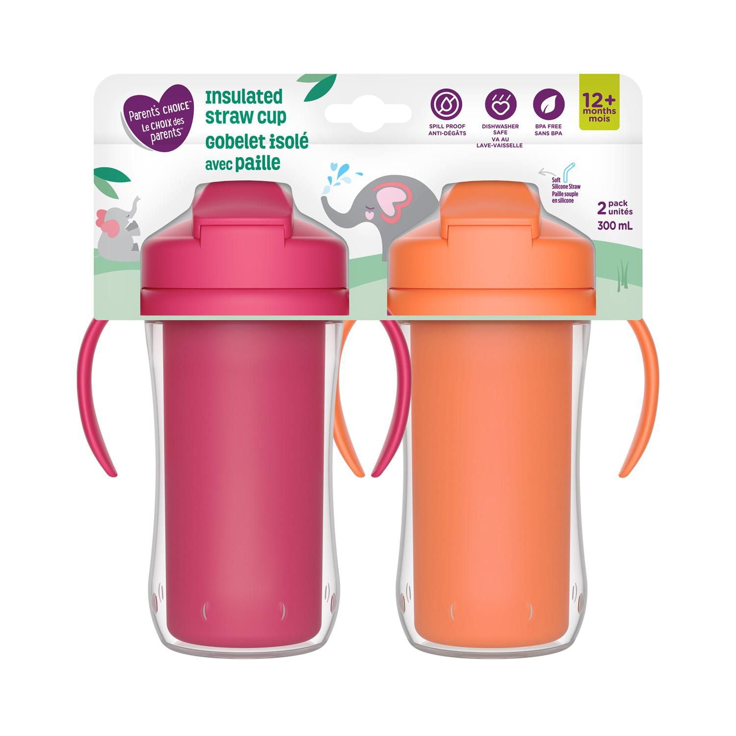 Parent’s Choice Insulated Sippy Cup with Straw and Handles, 300 mL, 2 pack, 12m+, 12 months+, 300 mL, 2 pack