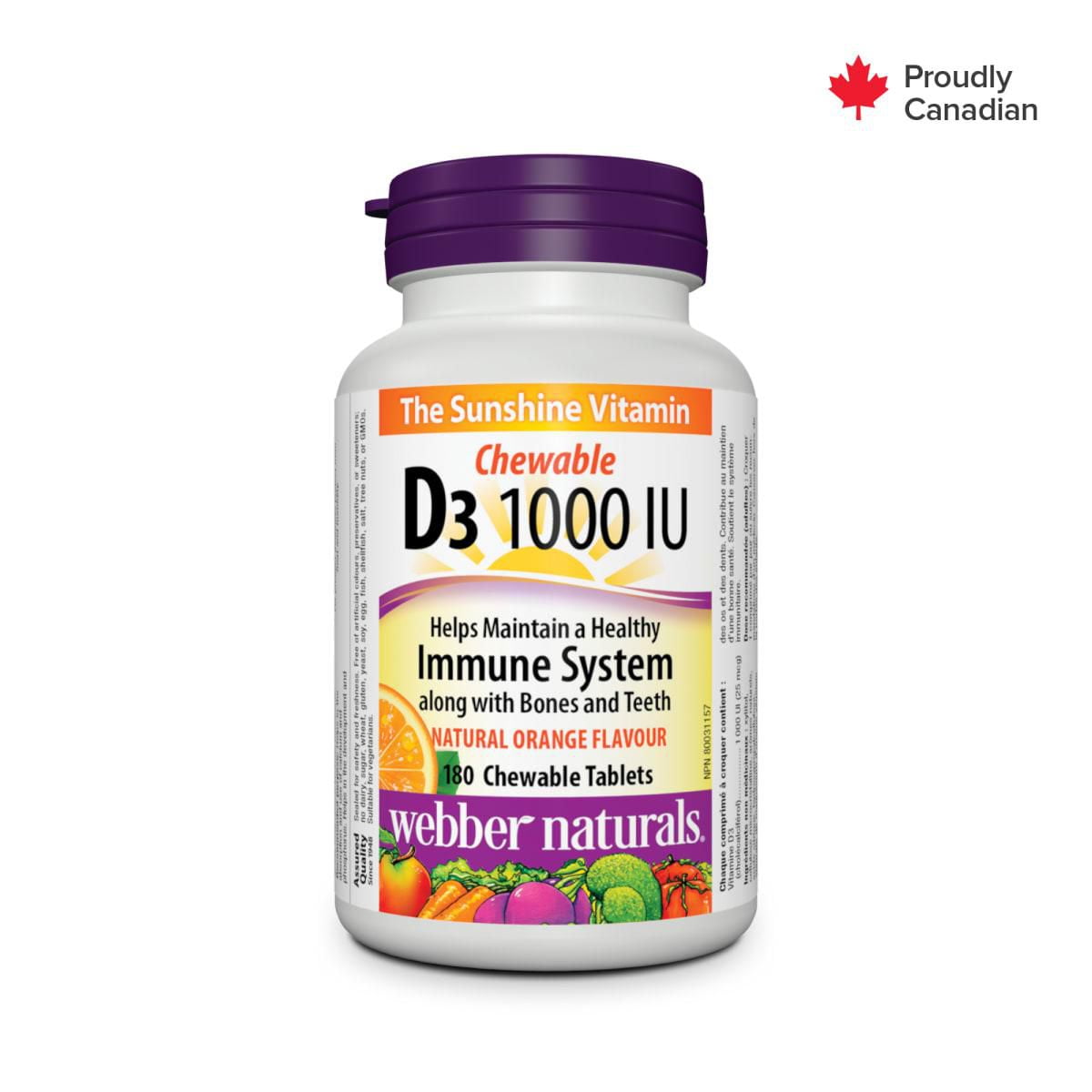 Webber Naturals Vitamine D3 à croquer, Arôme d'orange, 1000 UI 180 comprimés à croquer