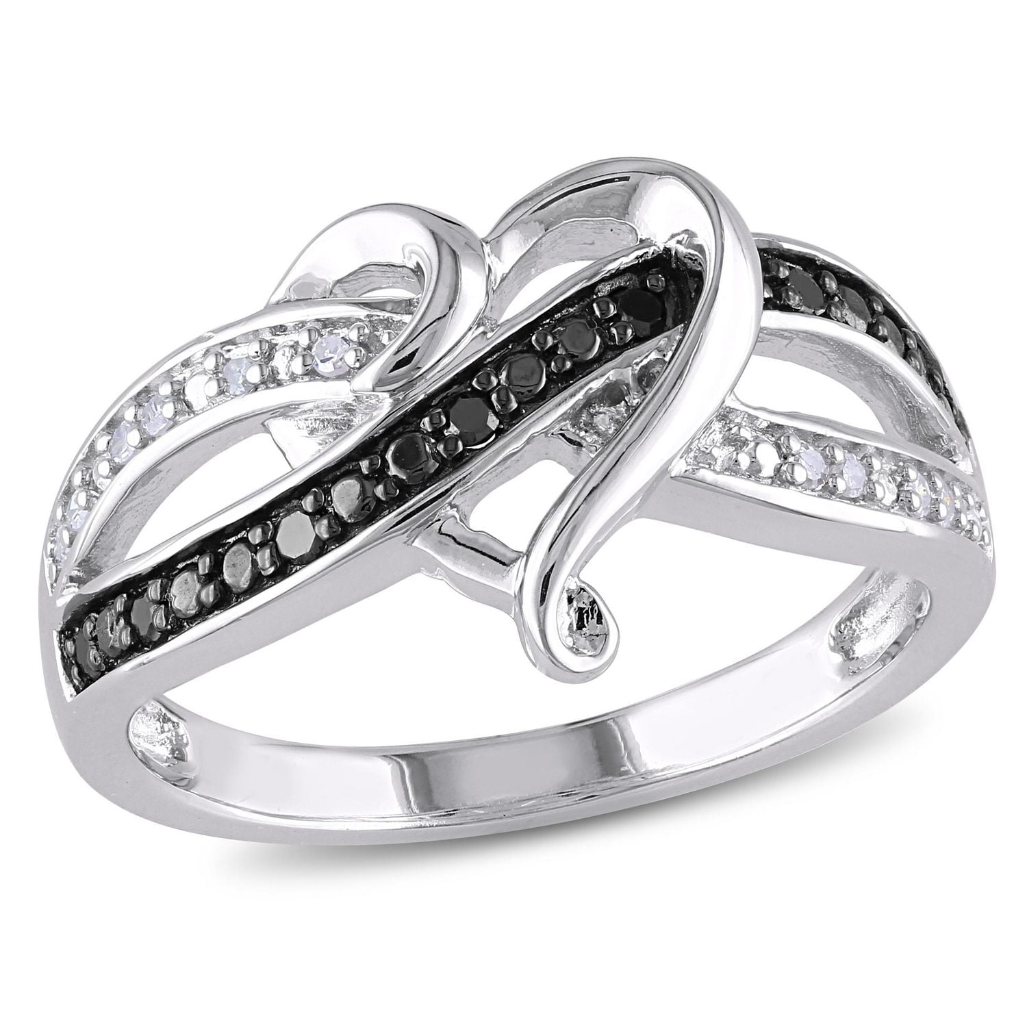 Bague de forme coeur avec diamants noirs et blancs 0,13 ct poids total, en argent sterling