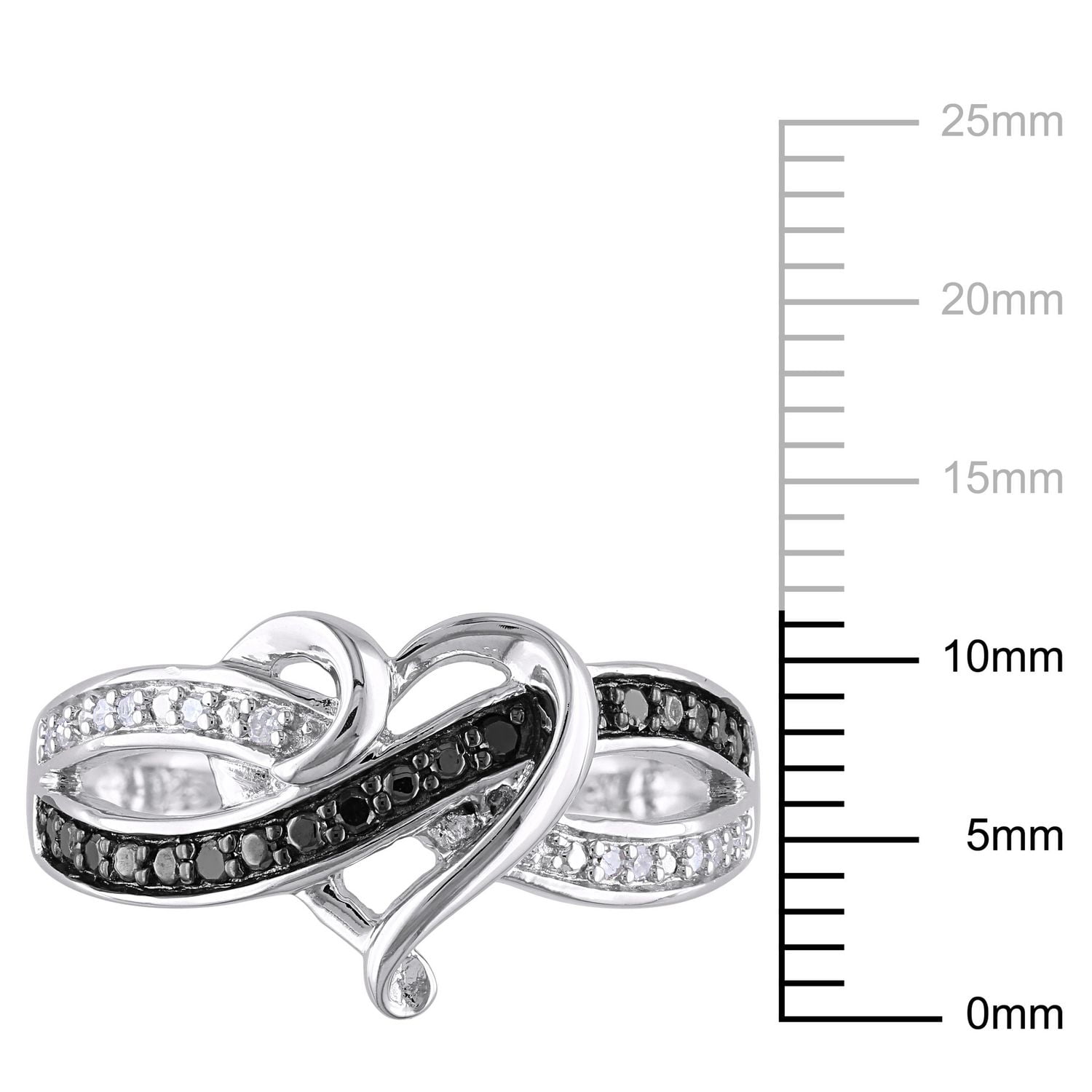 Bague de forme coeur avec diamants noirs et blancs 0,13 ct poids total, en argent sterling