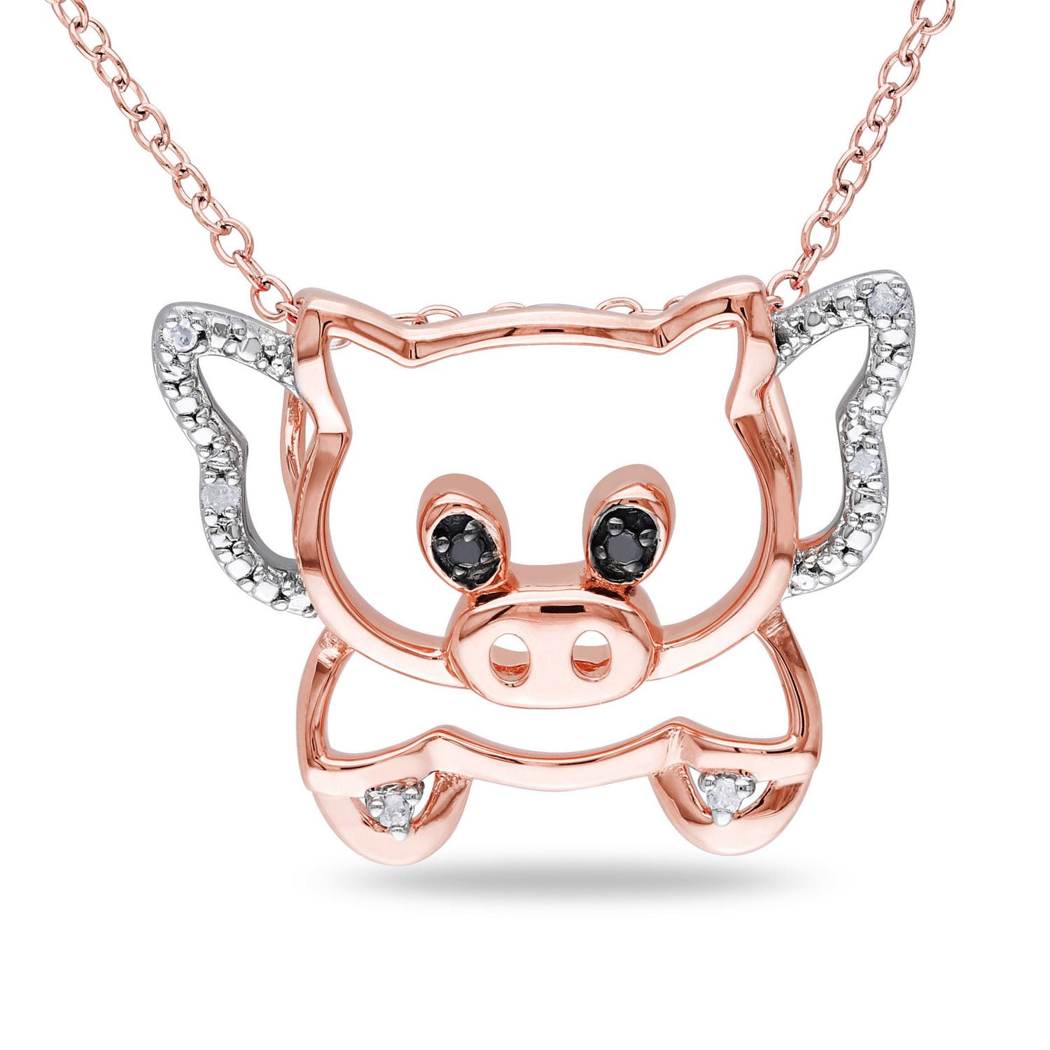 Asteria Black and White Diamond Accent Two-Tone Sterling Silver When Pigs Can Fly Pendant, 18"