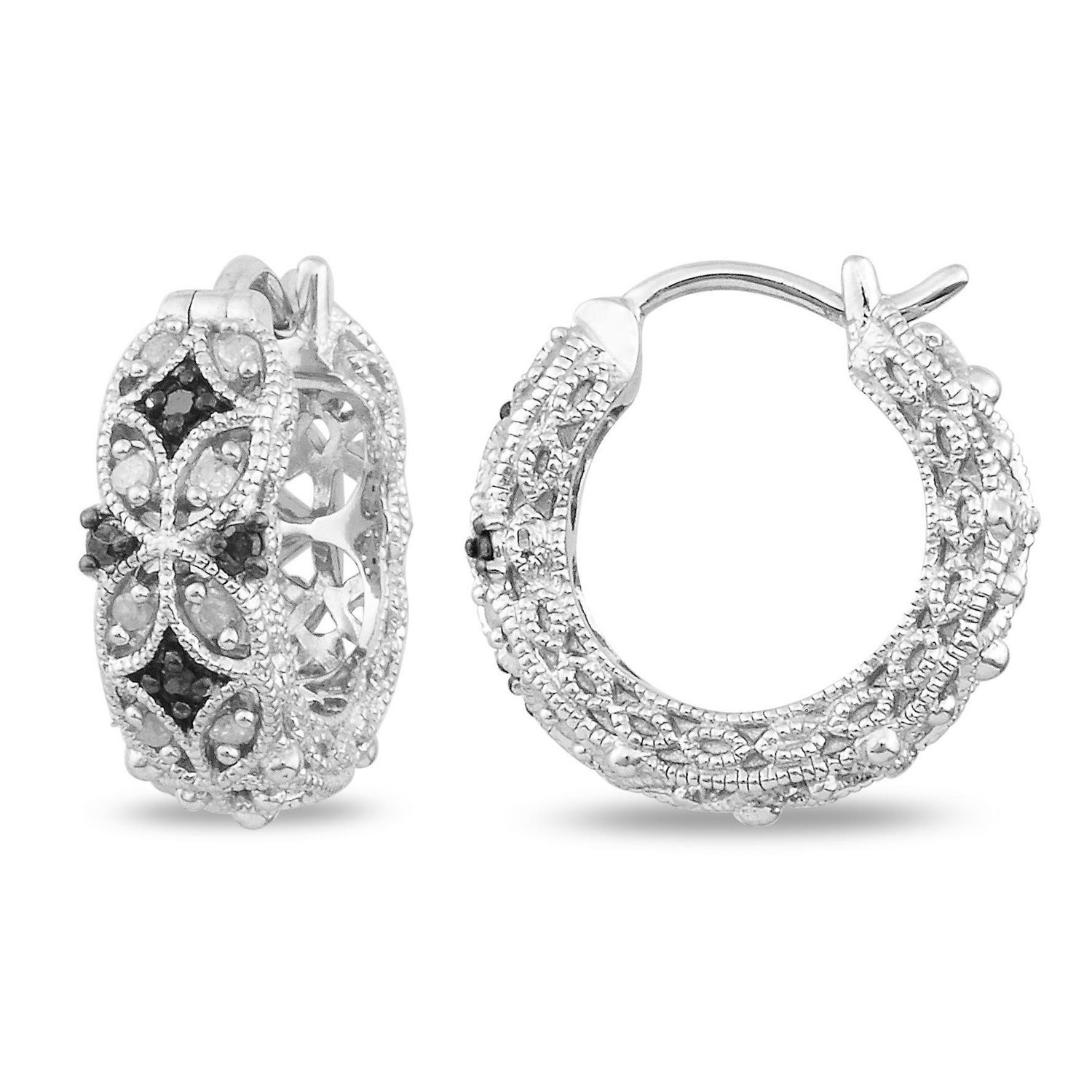 0.16 Carat T.W. Black And White Diamond Sterling Silver Hoop Earrings