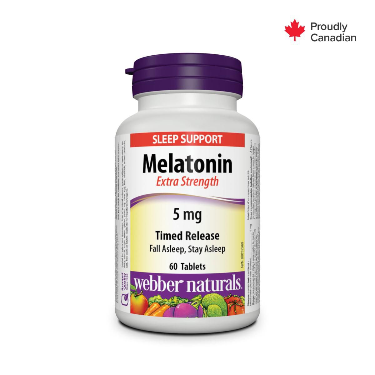 Webber Naturals® Melatonin, Extra Strength, Time Release 5 mg. Front-facing melatonin supplement bottle label with timed-release 5 mg dosage text; product-stated sleep aid to support circadian rhythm and improve sleep quality.