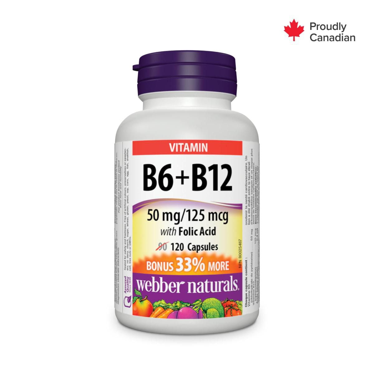 Webber Naturals® Vitamin B6 + B12 with Folic Acid, 50 mg/125 mcg, 120  Capsules, Bonus 33% more, 