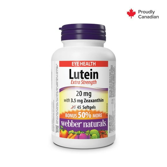 Webber Naturals® Lutein Extra Strength with 3.5 mg Zeaxanthin, 20 mg, 45 softgels, BONUS! 50% More,