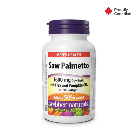 Webber Naturals Extrait de Palmier nain avec huiles de lin et de citrouille, 160 mg 90 gélules, PRIME ! 50 % de plus