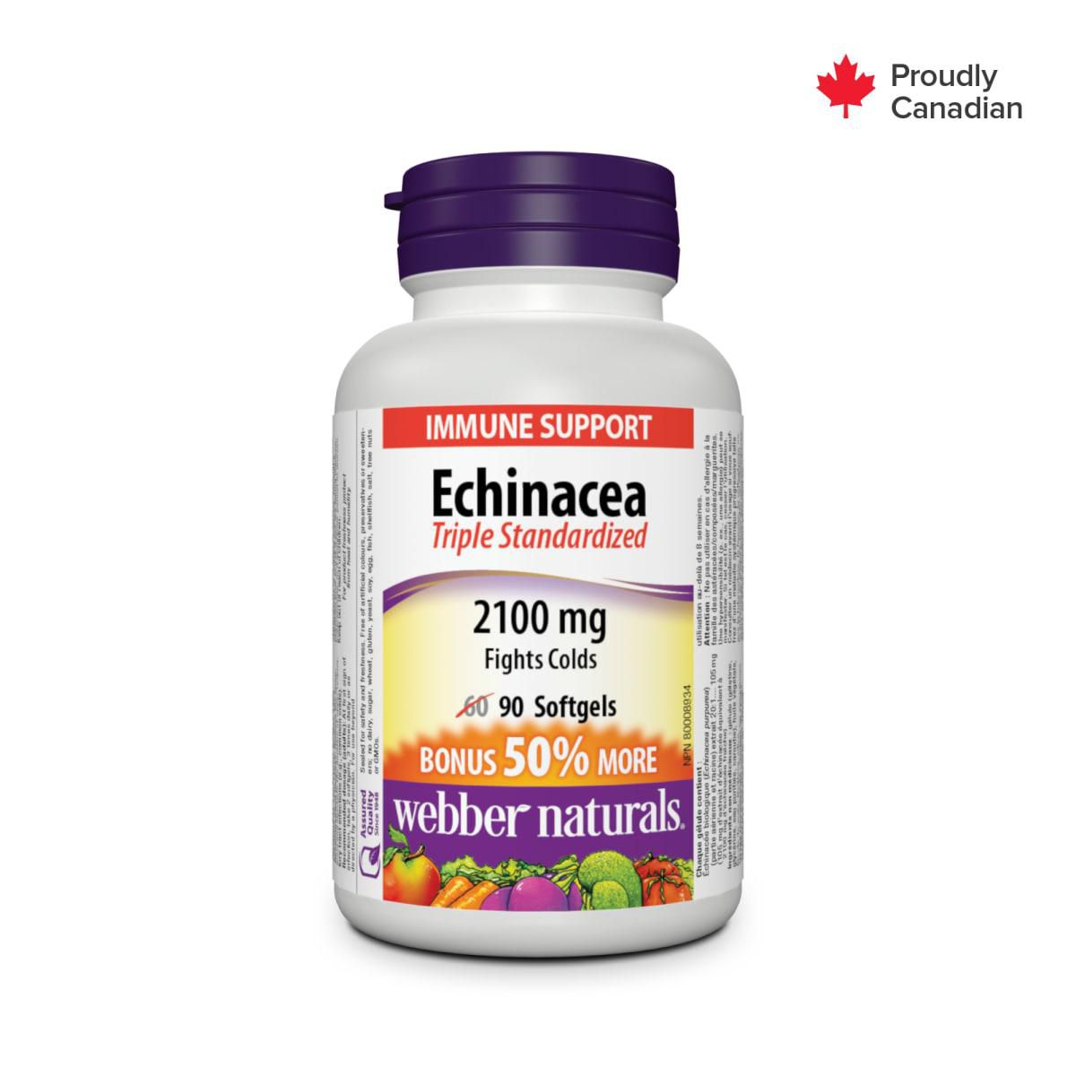 Webber Naturals® Echinacea Triple Standardized, 2100 mg amber supplement bottle, front-facing; label shows Webber Naturals, Organic Echinacea purpurea, 20:1 extract and softgel. Each softgel contains 105 mg extract (equivalent to 2100 mg fresh herb) for supportive treatment of colds and upper respiratory infections.