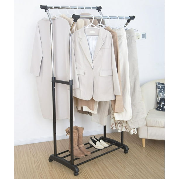 Mainstays Porte-vêtements réglable à double tige - Organisateur de vêtements  à roulettes - Noir/Chrome Taille de l'article :  87.63cmx55.88cmx121.3-172.72cm 