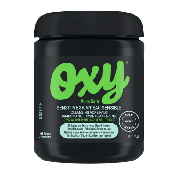 Oxy Sensitive Skin Cleansing Acne Pads - Clinically Proven Salicylic Acid (0.5%) – Gentle Formula to Help Prevent Breakouts, Enhanced Moisturizers, Hydrating, Unscented - Dermatologist Tested, Cleansing Acne Pads, 90 count