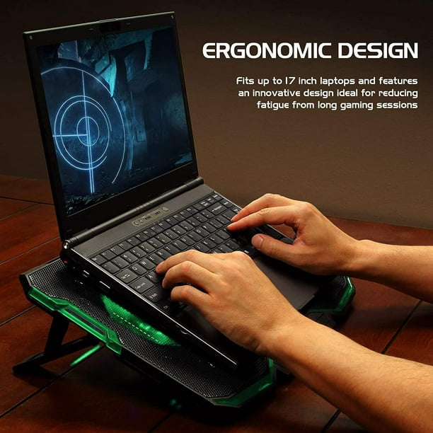 ENHANCE Cryogen Gaming Laptop Cooling Pad - Fits 17 in. Computer, PS4 -  Adjustable Laptop Cooling Stand with 5 Quiet Cooler Fans, 2 USB Ports and  LED Lighting - Slim Portable Design 2500 RPM, Green 