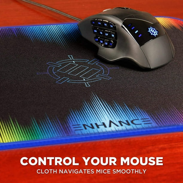 ENHANCE Grand tapis de souris LED de jeu avec bords en fibre optique  transparente – Tapis de souris avec 7 couleurs RVB et 3 effets d'éclairage,  bouton de contrôle intelligent, poignée antidérapante 