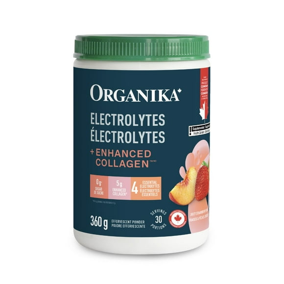 ORGANIKA Electrolytes + Enhanced Collagen Juicy Strawberry Peach, 360G Tub - 30 Servings