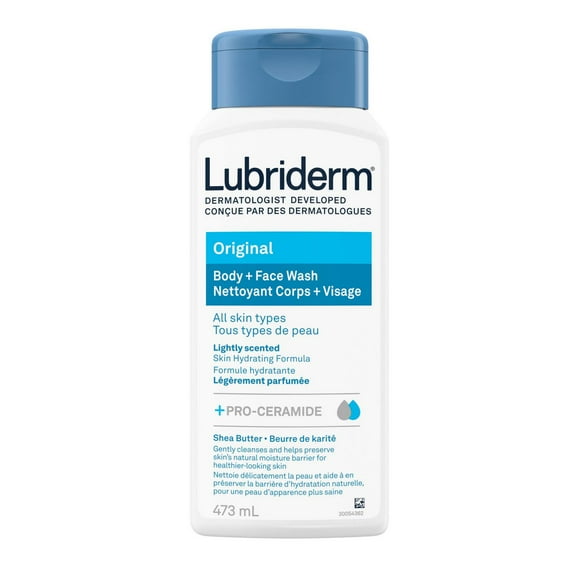Nettoyant corps + visage Lubriderm Original, nettoyant hydratant pour le corps et le visage, avec procéramides et beurre de karité, qui nettoie en douceur, formule légèrement parfumée et hypoallergénique 473 mL