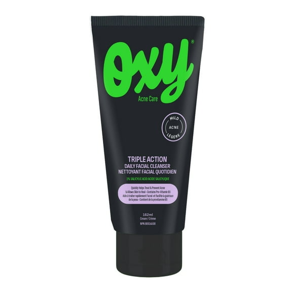 Nettoyant quotidien pour le visage Oxy triple action avec acide salicylique cliniquement prouvé (1,0 %) – Pour l'acné légère – Aide à traiter l'acné et à prévenir les éruptions cutanées – Sans parabène ni conservateur – Testé dermatologiquement 162 ml