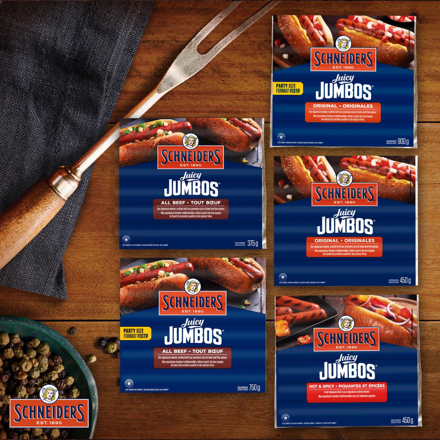 Schneiders Juicy Jumbos All Beef Hot Dogs, 5 Wieners, 375 g