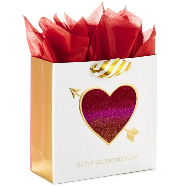 Grand sac-cadeau de la Saint-Valentin avec papier de soie – Signature de Hallmark (cœur scintillant)