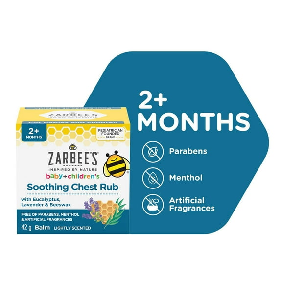 Pommade apaisante pour bébés + enfants de Zarbee’s pour soulagement de la toux, huile de ricin, lavande, eucalyptus et beurre de karité, baume à la cire d’abeille, 42 g