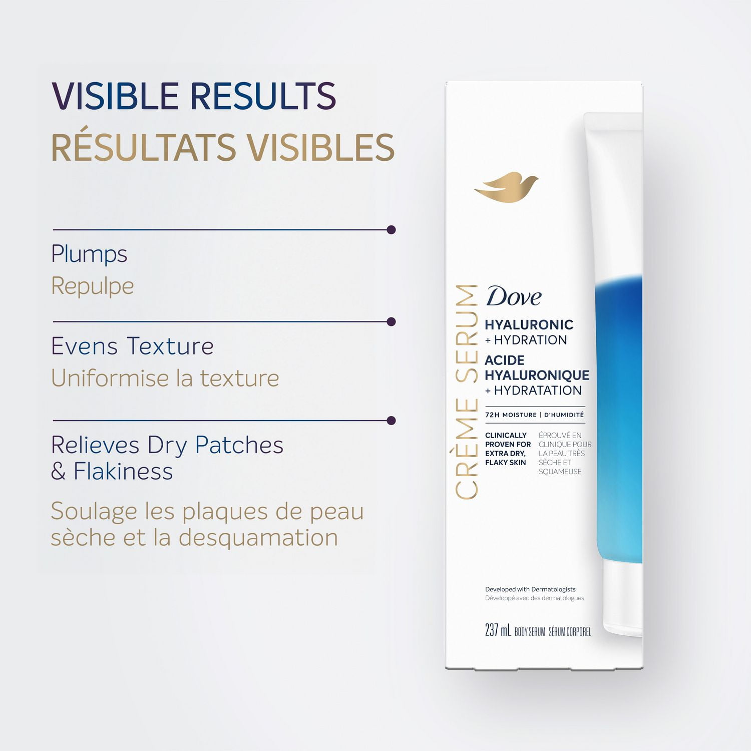 Dove Crème Body Serum Hyaluronic + Hydration for Extra Dry, Flaky Skin, with Pro-Ceramides, Niacinamide and Collagen Peptides, 237mL, 237mL