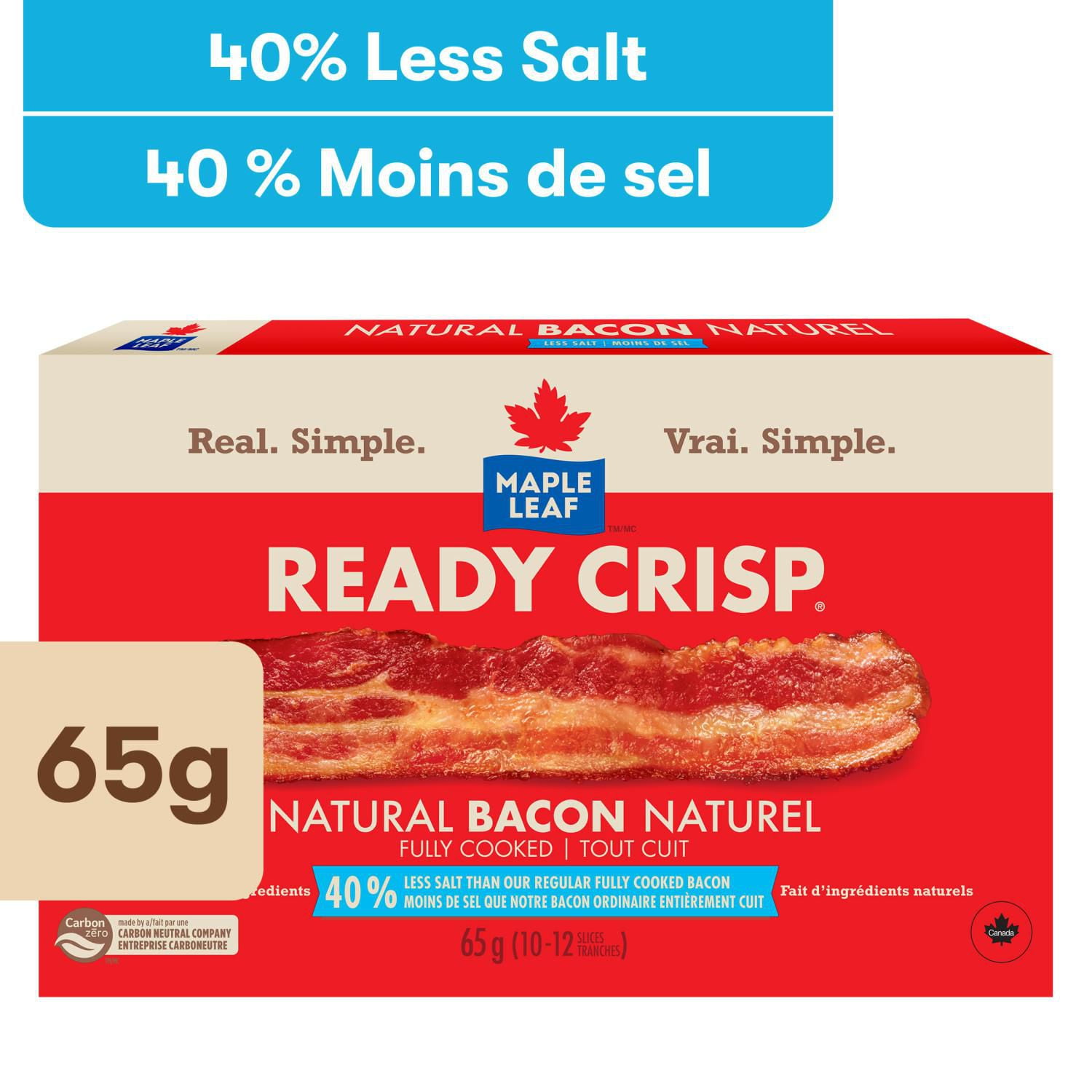 Maple Leaf Ready Crisp Fully Cooked Less Salt Natural Bacon Slices, 65 g