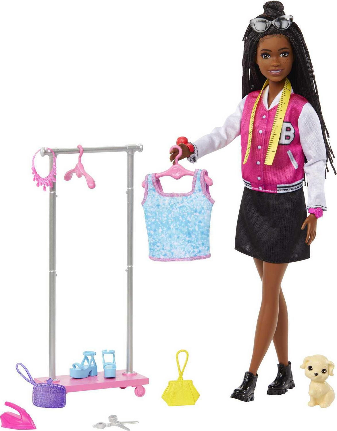 Barbie Brooklyn Stylist Doll 14 Accessories Playset Wardrobe Theme with Puppy Clothing Rack Walmart