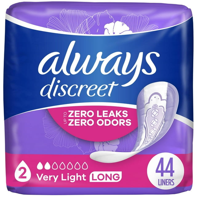 Always Discreet Incontinence Panty Liners for Bladder Leaks, 2 Size, Very Light Absorbency, Long Length