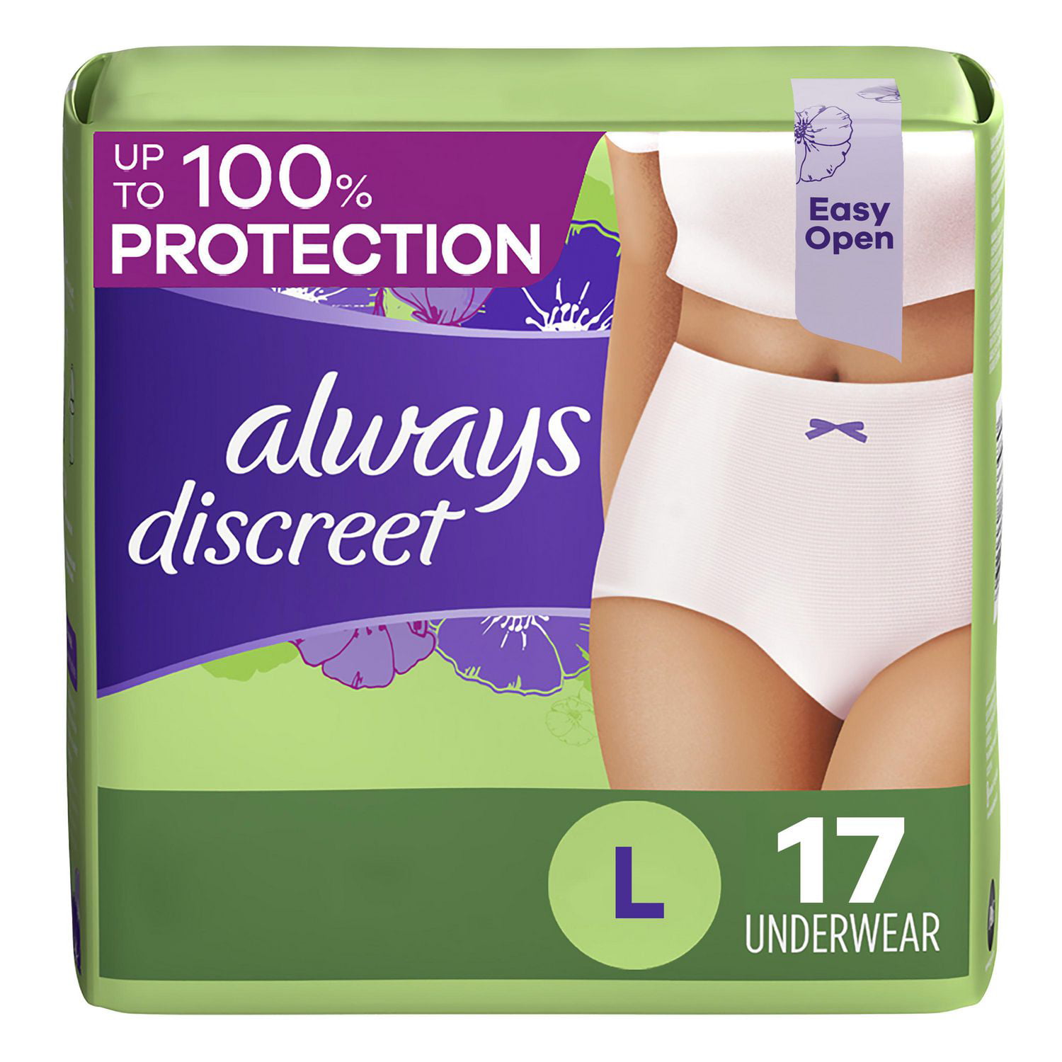 Always Discreet Adult Incontinence Underwear for Women and Postpartum  Underwear, L, Up to 100% Bladder Leak Protection,, 17CT