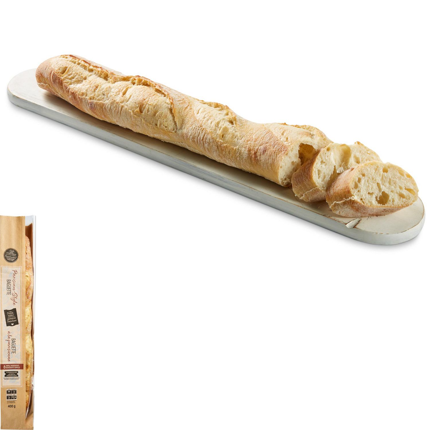 Mon marché fraîcheur Baguette de Style Parisien Vue Orientée vers l'Avant d'Un Pain Entier avec Croûte Mince, Dorée et Croustillante et Graduations Visibles; l'Intérieur Montre des Miettes Moelleuses et Aérées. Cuite sur Pierre, Fraîchement Cuite en Magasin et Fabriquée au Canada, Idéale pour Trempette de Soupe Ou charcuterie.
