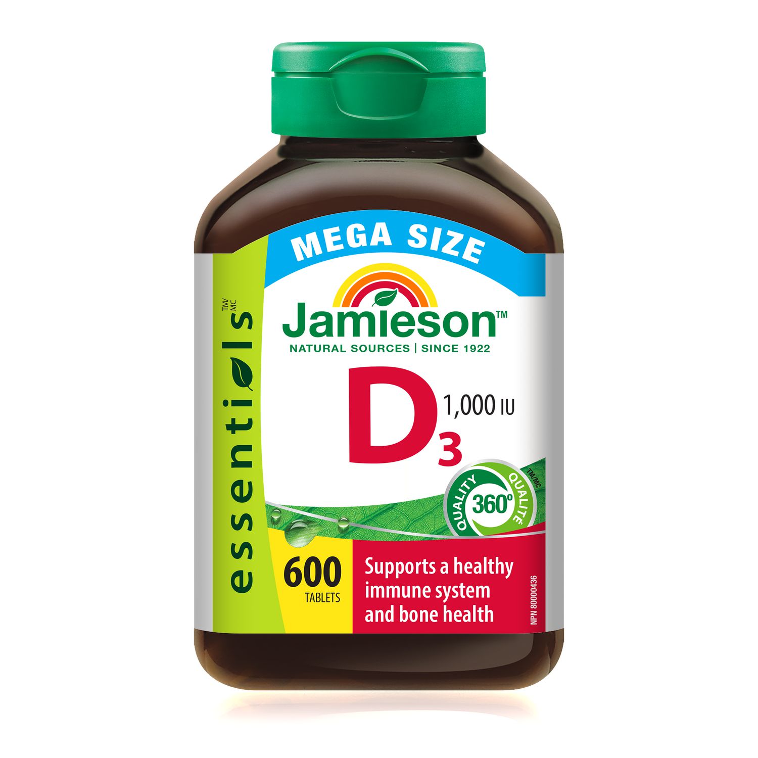 Jamieson Vitamin D3 1,000 IU Tablets, Supports Immune Health, Strong Bones, and Teeth, Enhances Calcium and Phosphorus Absorption. Vegetarian, Non-GMO, Gluten-Free, One Per Day, 600 Count, Proudly Can