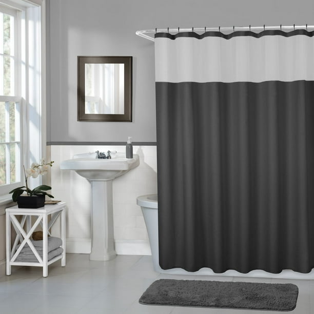 Rideau de douche en tissu Smart Curtains Hendrix Home Trends avec crochets à roulement à billes, 178 cm x 183 cm (70 po x 72 po), noir Motif à rayures horizontales