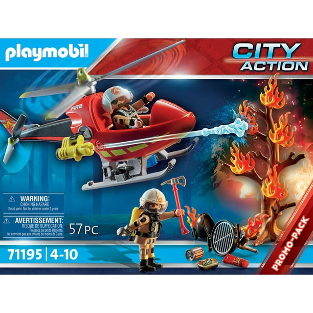 PLAYMOBIL - Caserne de pompiers transportable - City Action - Avec moto et  hélicoptère