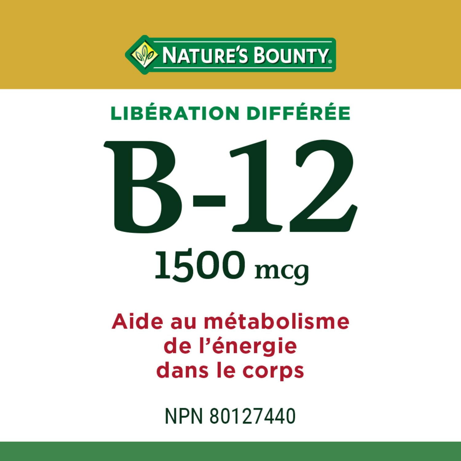 NATURE'S BOUNTY Vitamine B-12, libération prolongée, favorise le métabolisme énergétique, contribue à la formation des globules rouges, aide à prévenir les carences en B-12, soutient le système immunitaire, comprimés 80 paquet 80 comprimés