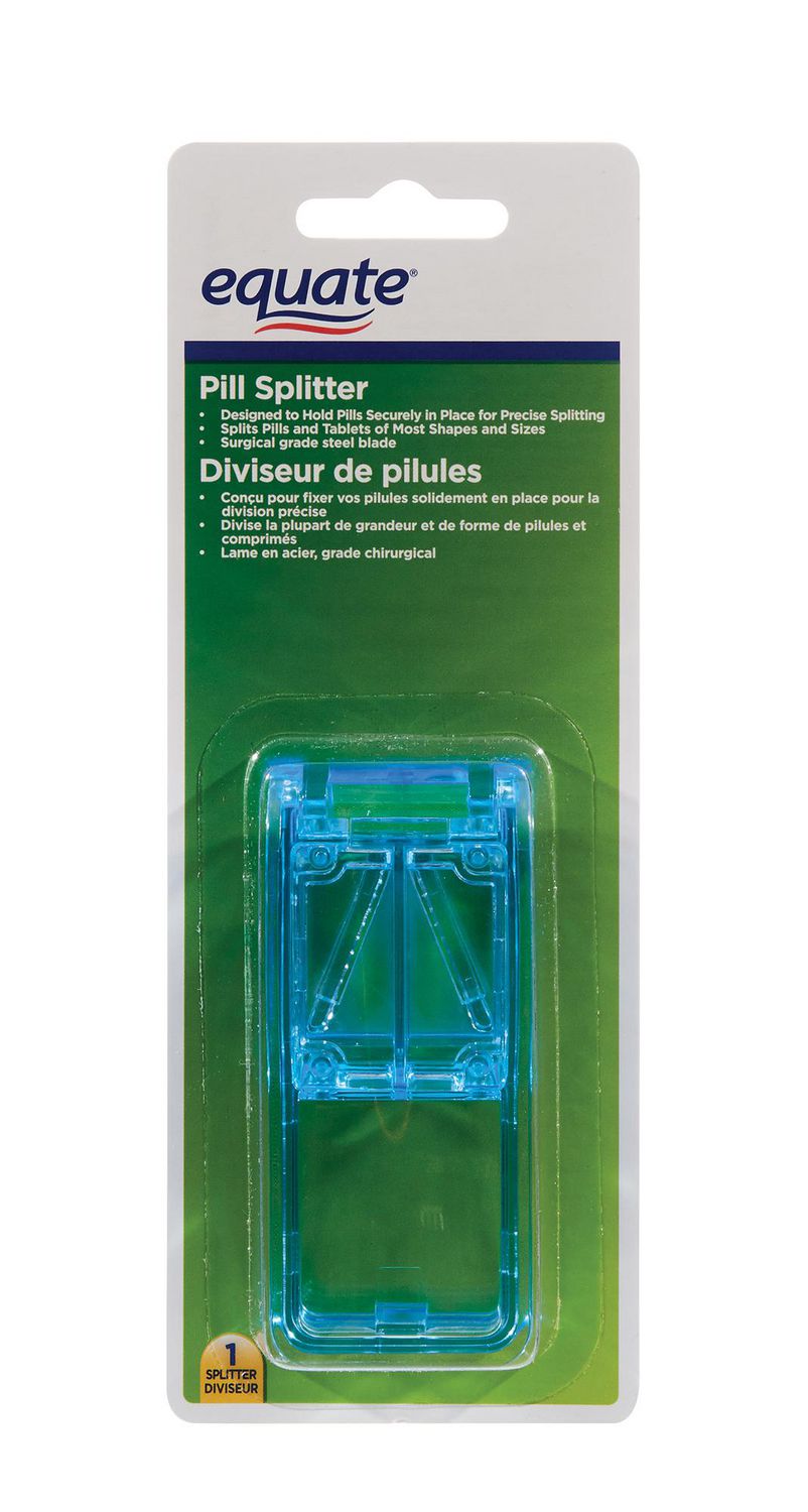 Equate Pill Splitter front-facing handheld clamshell tablet cutter that holds pills securely and splits most shapes and sizes; visible surgical-grade steel blade and built-in storage compartment designed to catch pills for organized medication storage.