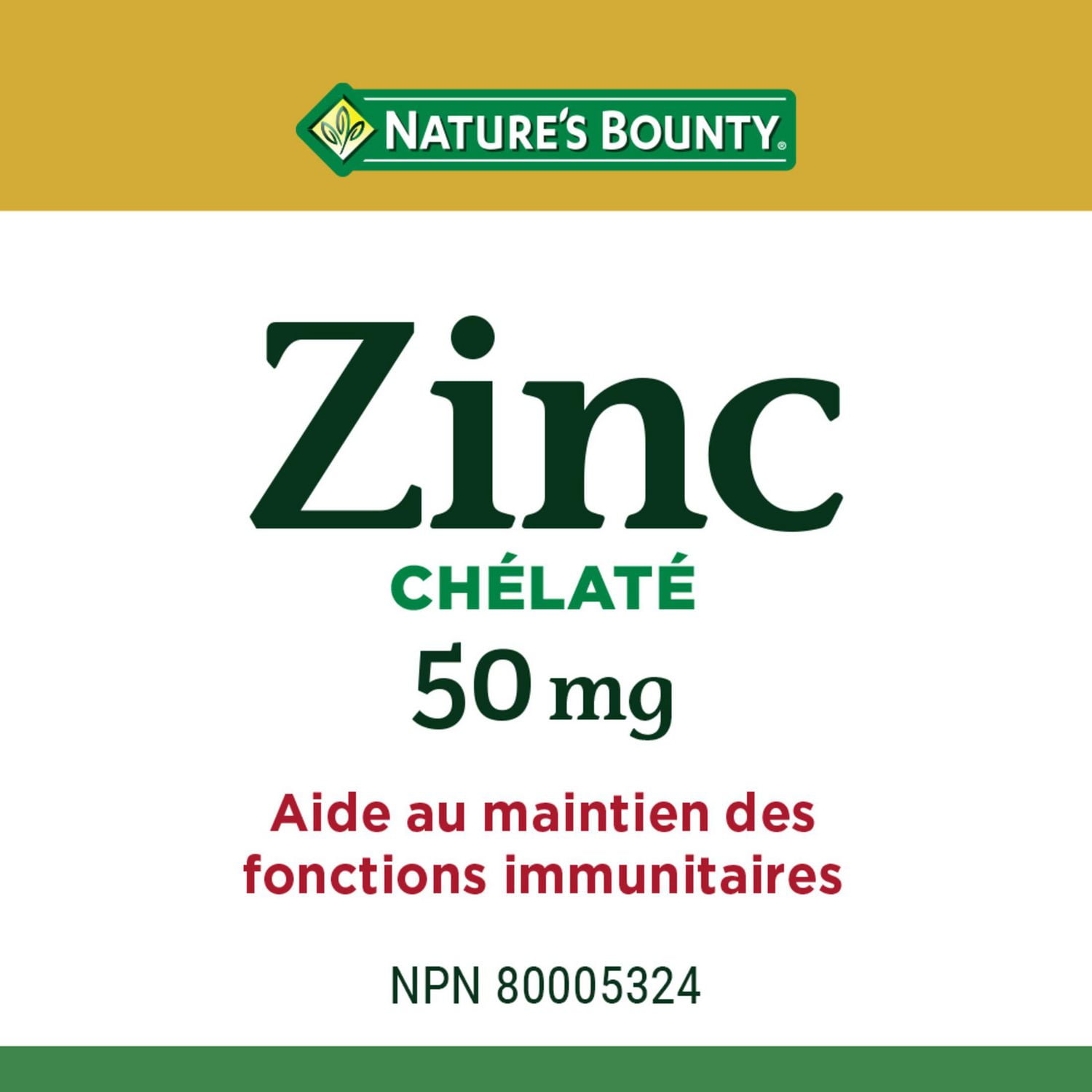 NATURE'S BOUNTY Zinc, 50 mg, soutien de la fonction immunitaire, aide à métaboliser les nutriments, aide à la formation des tissus, pour une bonne santé et une peau saine, caplets 100 paquet