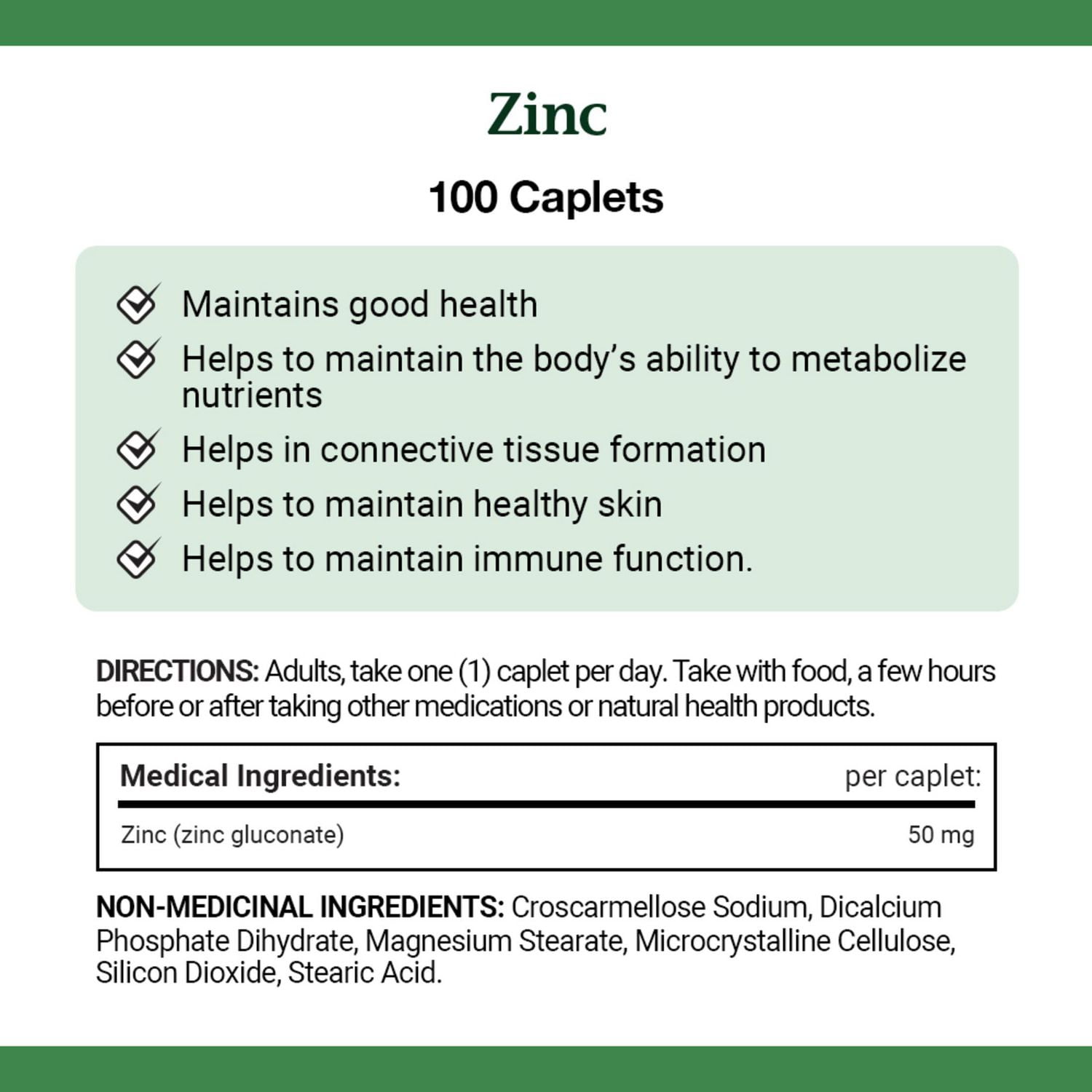 NATURE'S BOUNTY Zinc, 50 mg, Helps Immune Function, Helps Metabolize Nutrients, Aids Tissue Formation, For Good Health & Healthy Skin, Caplets 100