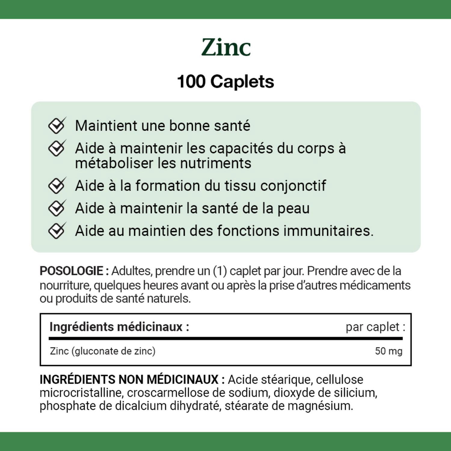 NATURE'S BOUNTY Zinc, 50 mg, soutien de la fonction immunitaire, aide à métaboliser les nutriments, aide à la formation des tissus, pour une bonne santé et une peau saine, caplets 100 paquet