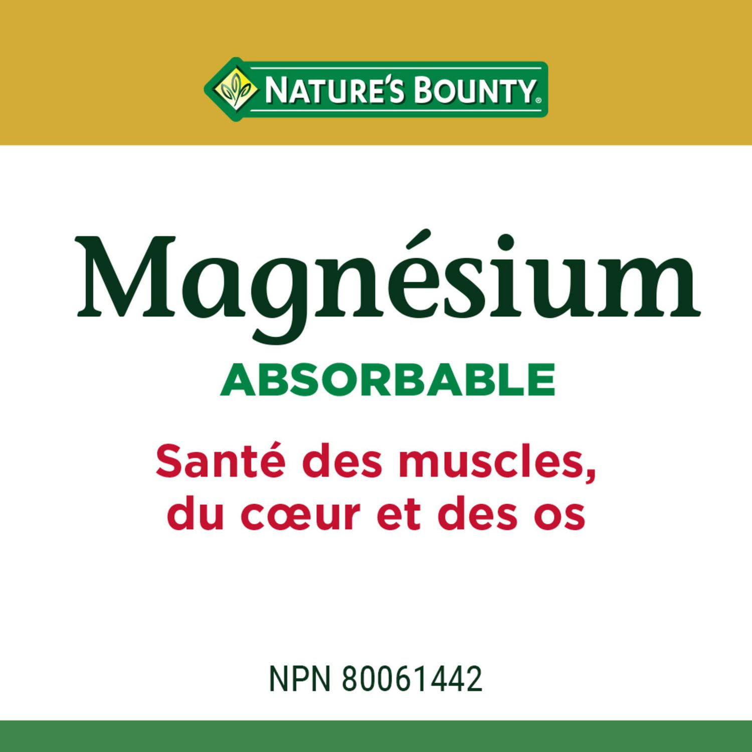 NATURE'S BOUNTY Magnésium, absorbable, 400 mg, aide au maintien de l’équilibre électrolytique, favorise le développement et le maintien des os, des dents et de la fonction musculaire, aide à la fonction musculaire du cœur, 125 gélules 125 paquet 125 Gélules