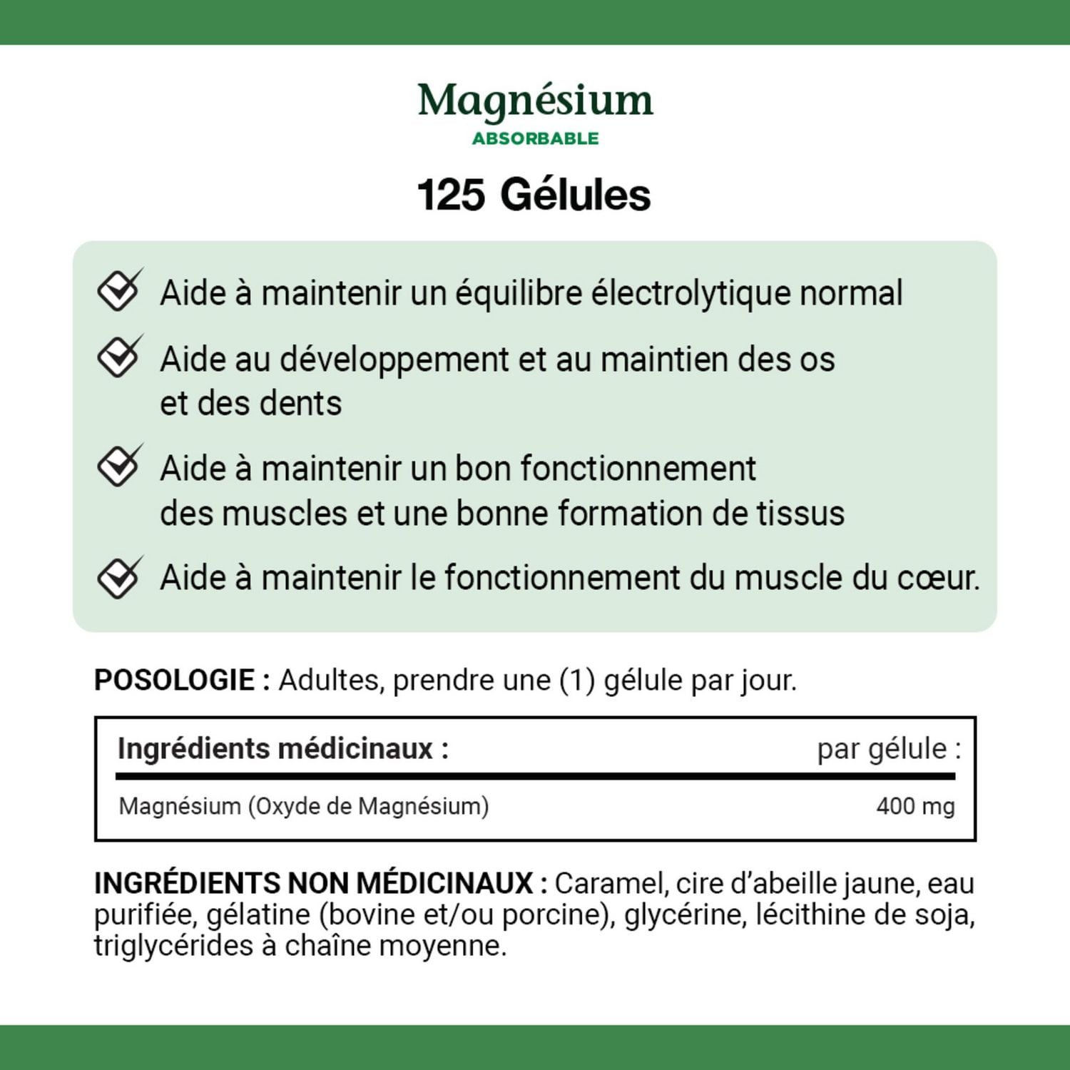 NATURE'S BOUNTY Magnésium, absorbable, 400 mg, aide au maintien de l’équilibre électrolytique, favorise le développement et le maintien des os, des dents et de la fonction musculaire, aide à la fonction musculaire du cœur, 125 gélules 125 paquet 125 Gélules
