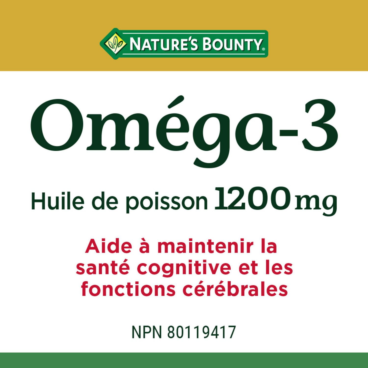 NATURE'S BOUNTY Oméga-3 Huile de poisson, 1200 mg, format éco, favorise le cerveau et la santé cognitive, source d’acides gras AEP et ADH, gélules 120 paquet