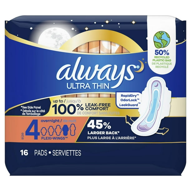 Ultra Thin Pads Size 4 Overnight Absorbency Unscented with Wings – Always :  Pads and cup