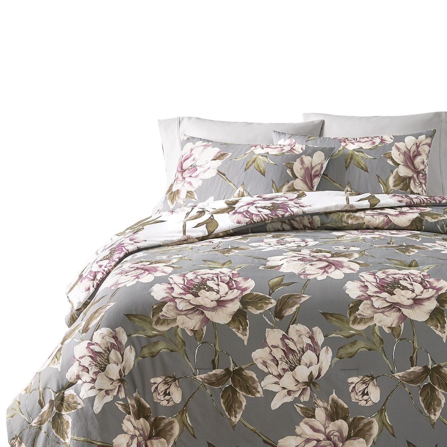 HomeTrends Grey/Plum Reversible Floral Printed 3 Piece Double/ Queen  Comforter Set, Sizes: Double/Queen & King 