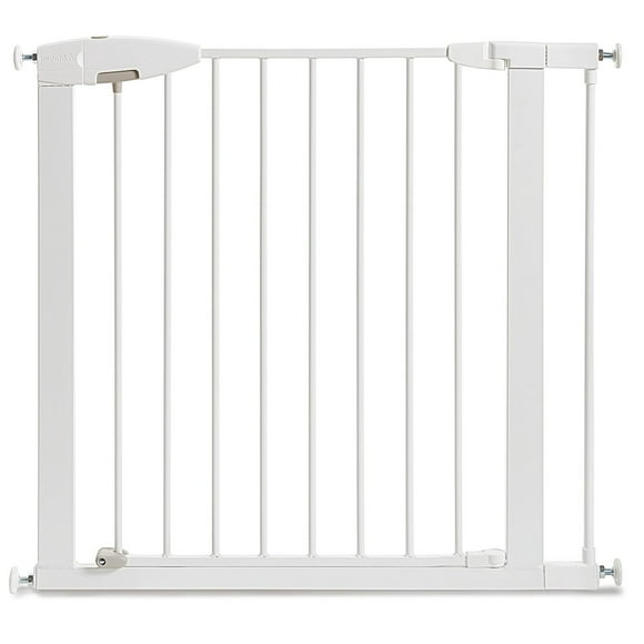 Munchkin Easy Close Barrière de bébé montée par pression pour escaliers, couloirs et portes, passage avec porte, 29" de haut et 29,5" à 35" de large, comprend (1) rallonge de 2,75", métal, blanc Porte bébé