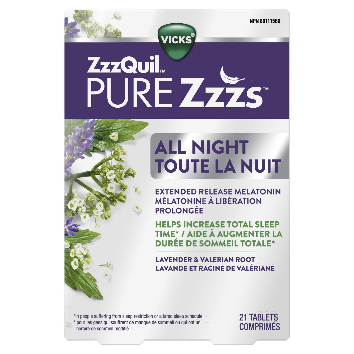 ZzzQuil PURE Zzzs All Night Extended Release, Melatonin Sleep Aid for Adults, 2 mg per tablet, 21 Tablets