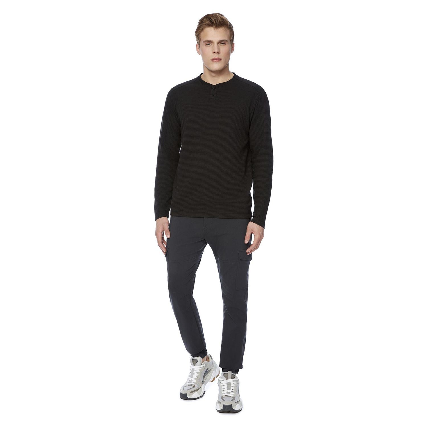 Dark Black Men's Long Sleeve Henley