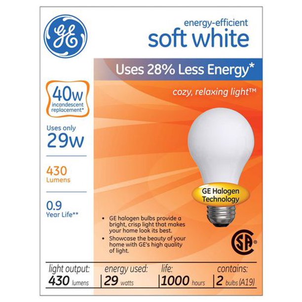 Lampe éconergétique blanc doux A19 GE 29 W – paquet de 2