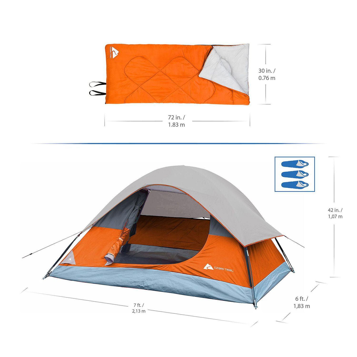 Ozark Trail 3 piece Camping Combo with rain fly 2 adult sleeping bags carry bag Orange Grey in colour easy set up Walmart