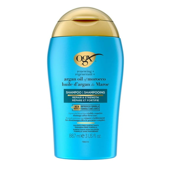 OGX Renewing + Argan Oil of Morocco Shampoo, Damage Repairing Shampoo & Argan Oil to Cleanse & Help Strengthen & Repair Damaged Hair, Travel Size, TSA-Complaint, 88.7 mL