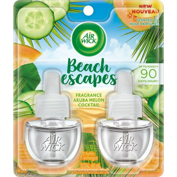 Purificateur d'air à brancher Air Wick, recharges d’huile parfumée, Escapades sur la plage: cocktail de melon d'Aruba, 2 recharges