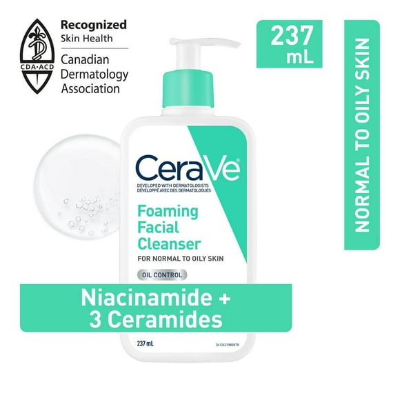 CeraVe Gentle Foaming Facial Cleanser With Niacinamide, Hyaluronic Acid and 3 Ceramides | Makeup Remover, Helps Prevent Clogged Pores & Control Oil and Sebum | Daily Face Wash for Normal to Oily Skin, Men & Women | Non-Comedogenic, Fragrance Free, 237 mL, Gently Cleanses and Removes Oil